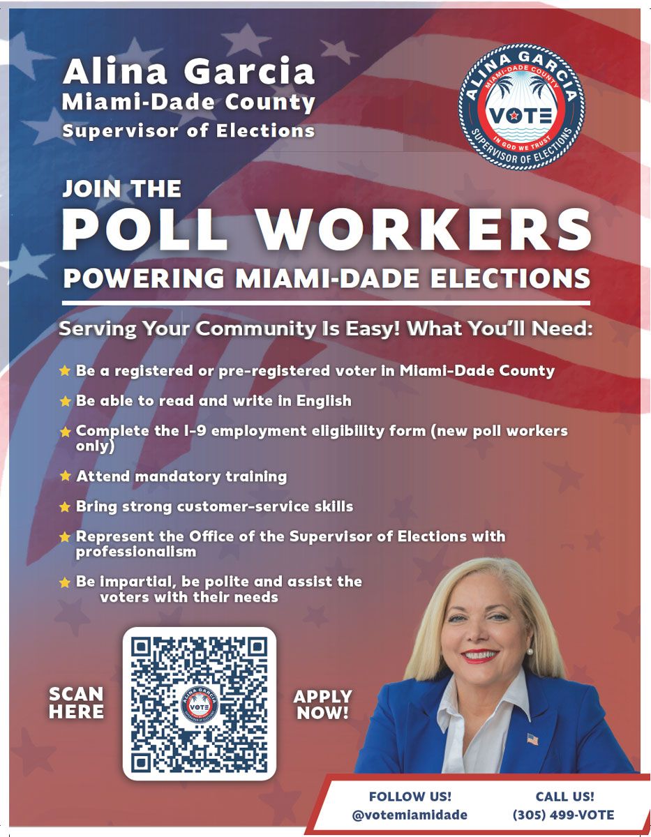 Flyer recruiting poll workers for Miami-Dade County elections.